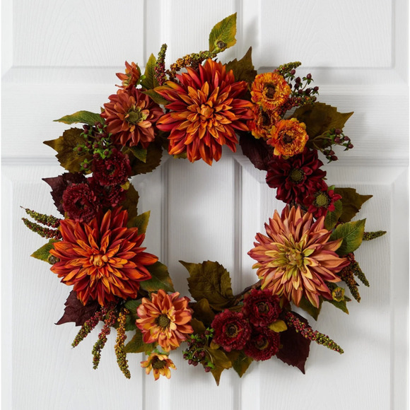 Nearly Natural 22” Dahlia & Mum Wreath Realistic Fall Artificial Decor - Picture 4 of 5